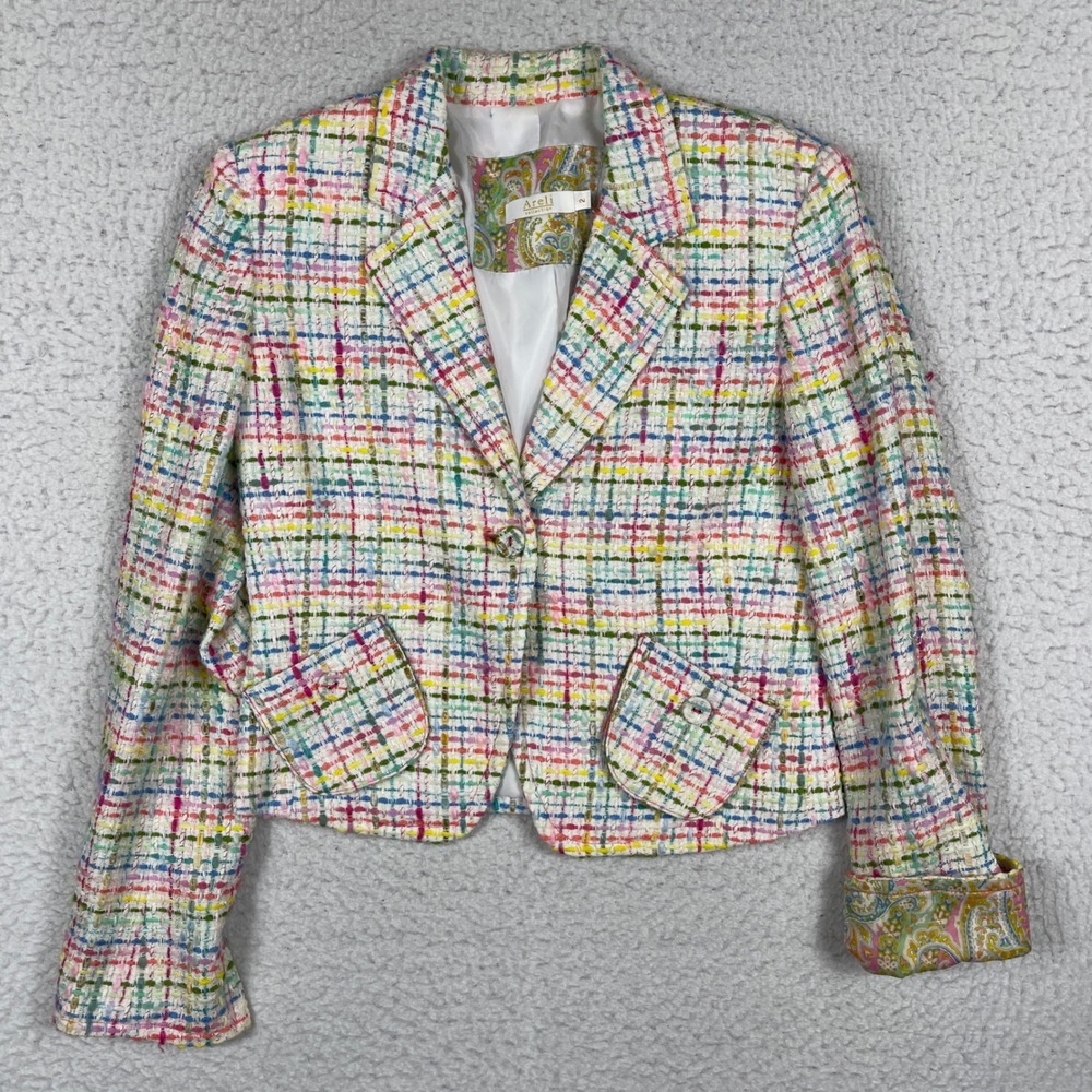 Areli Collection Blazer Womens 2 Multi Color Cropped Tweed Jacket Plaid USA